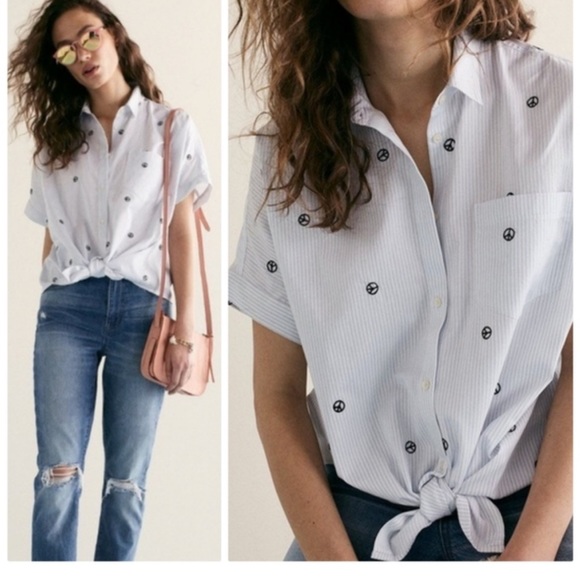 Madewell Embroidered Oversized Peace Sign Short Sleeve Tie Front Striped Shirt - Picture 1 of 13